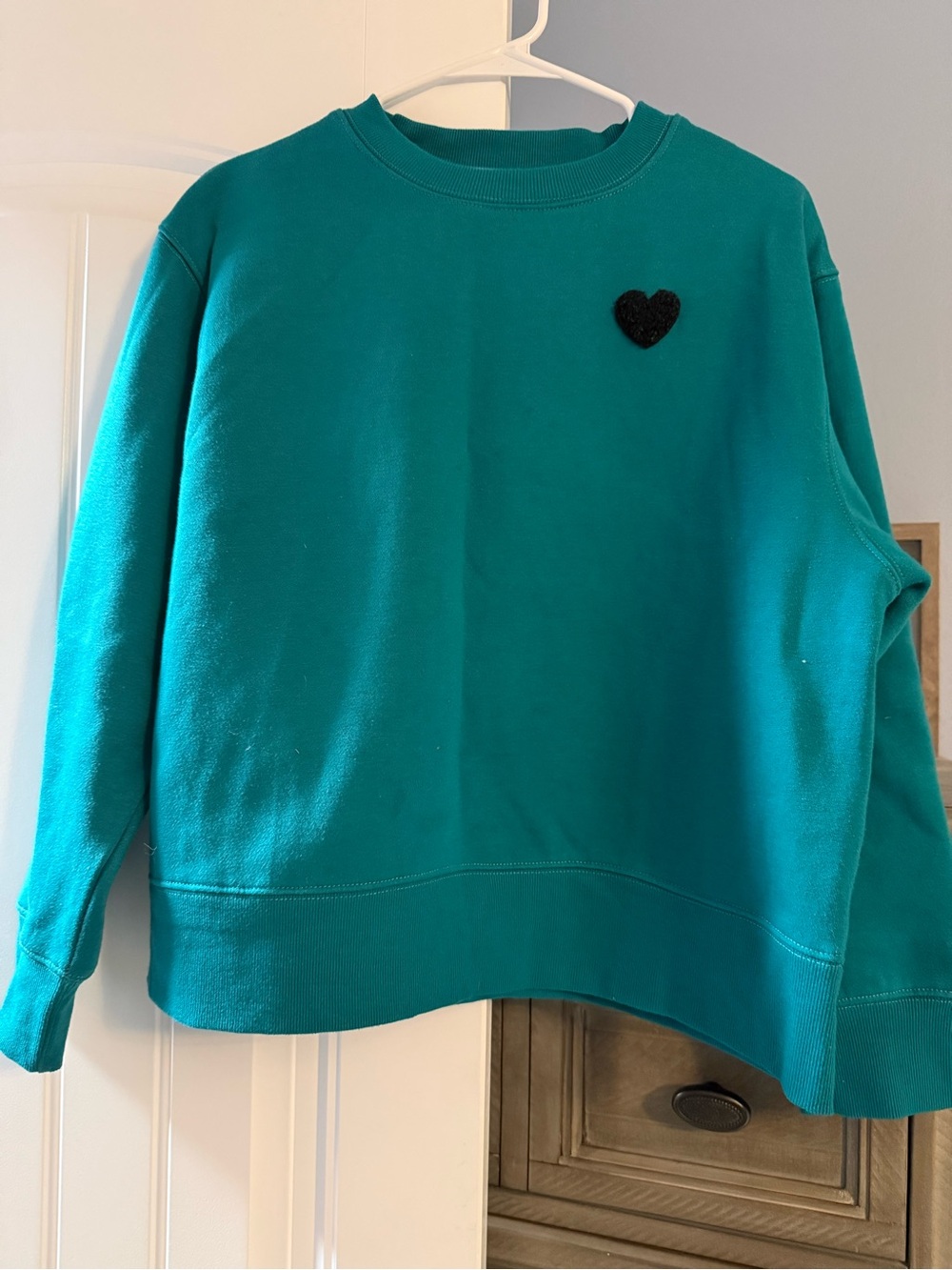 Women’s Teal Crewneck Sweater with Black Heart Accent